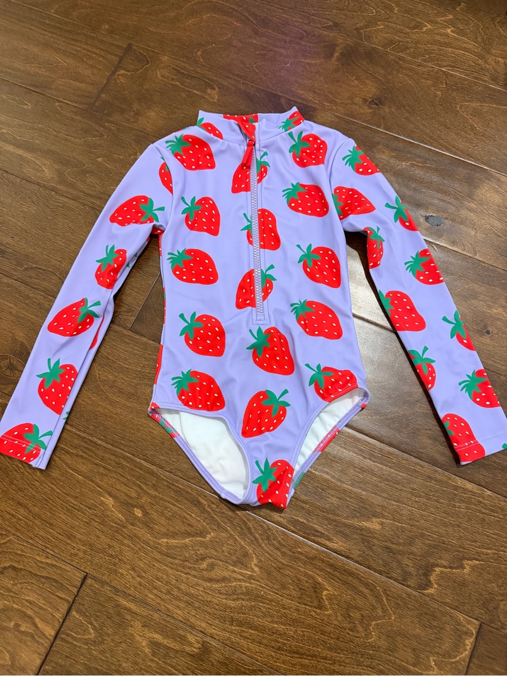 Mini Boden Purple Long-Sleeve Strawberry Print One-Piece Swimsuit